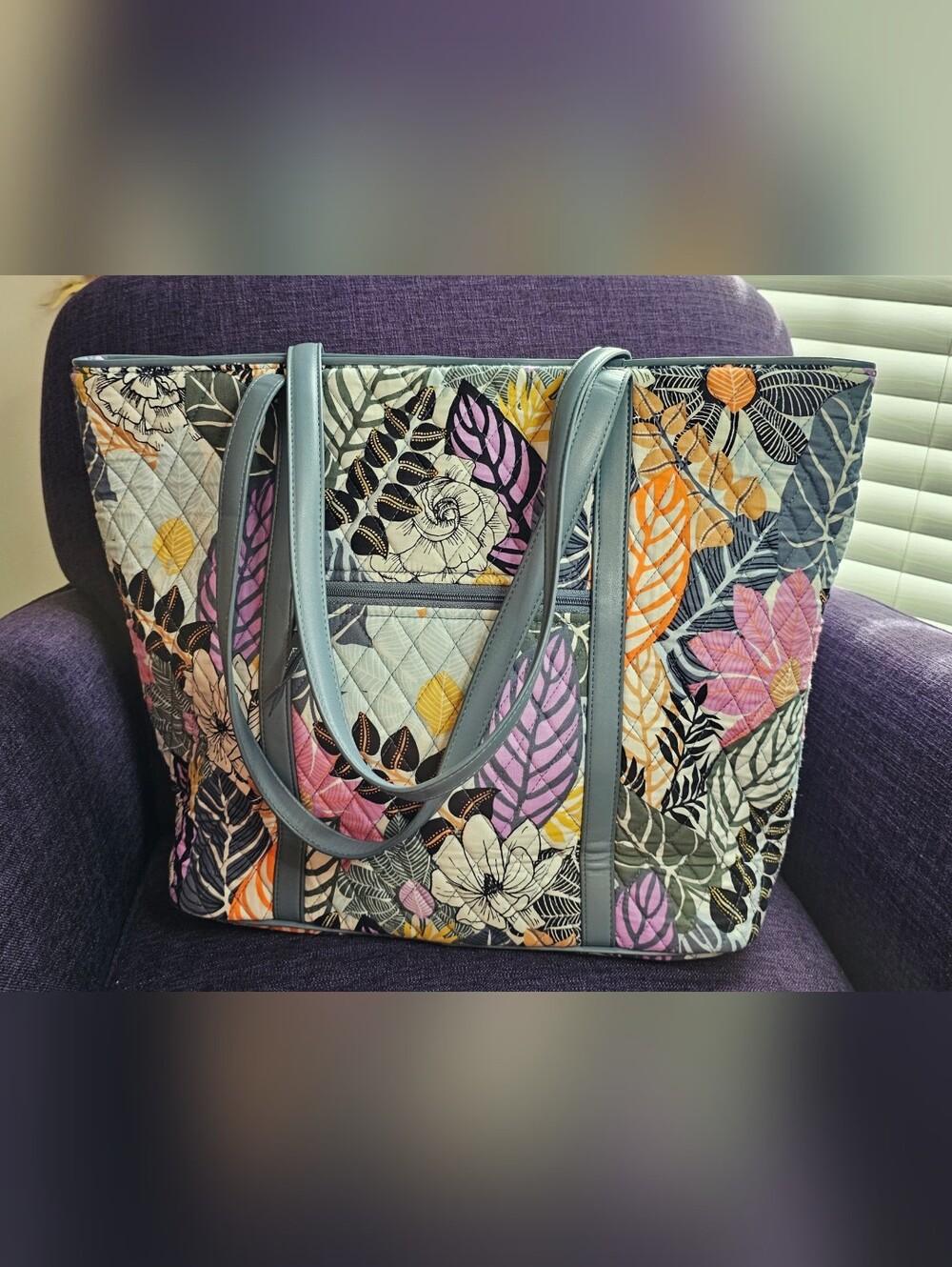 Vera Bradley Quilted Tote Handbag Tropical Floral Leaf Print Large Shoulder Bag
